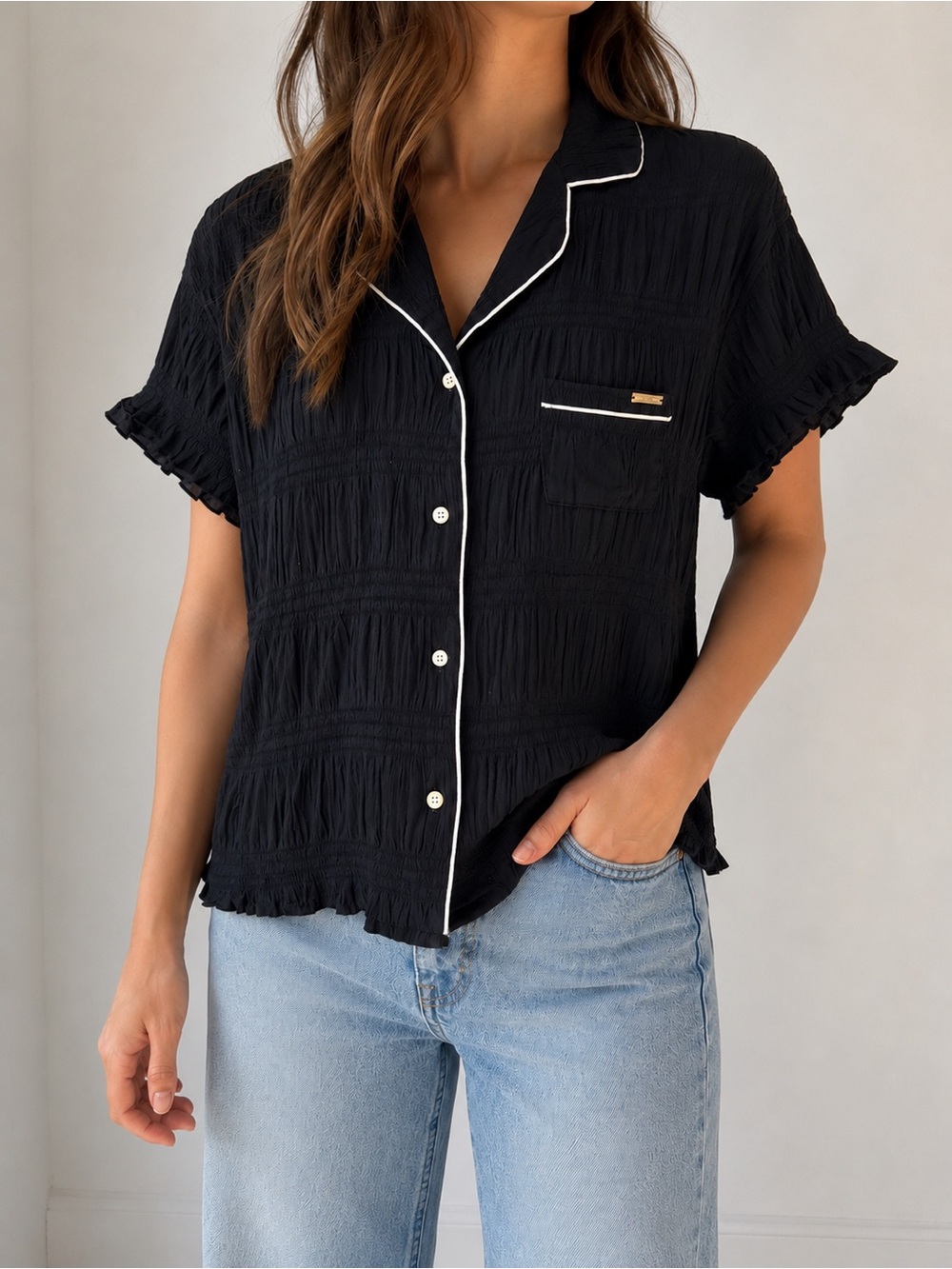 Jason Wu Black Short-Sleeve Button-Front Top with White Piping
